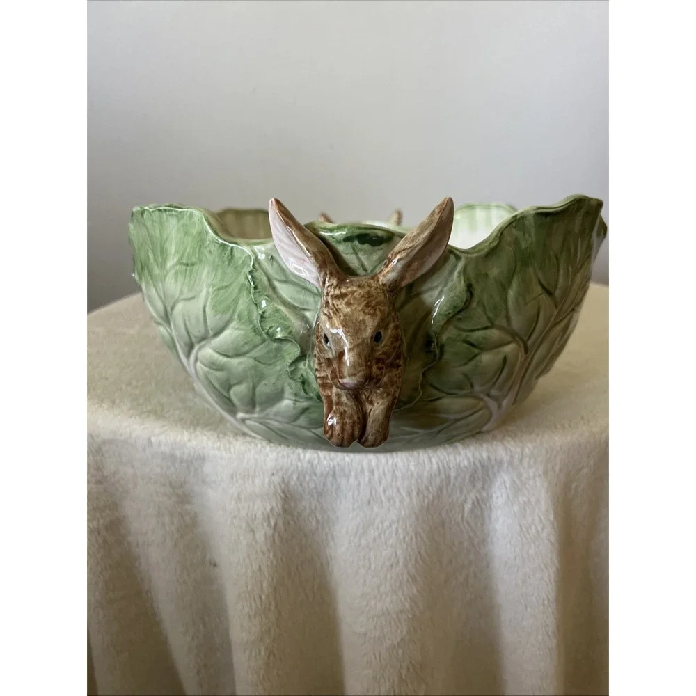 Large Spring Easter Vintage Fitz and Floyd Green Bowl with Bunnies cabbage green
